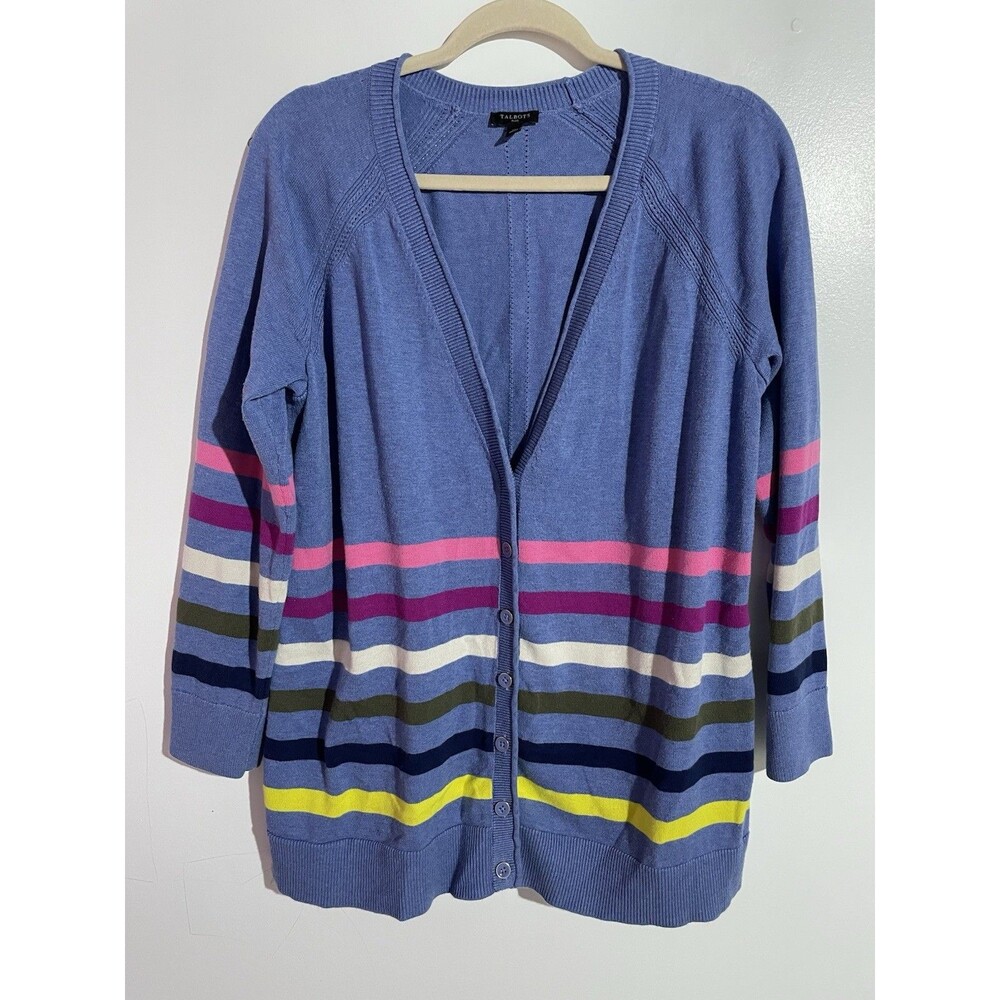 Talbots Cardigan Sweater 1X Blue Striped Office Cozy Stretch Button Up Spring